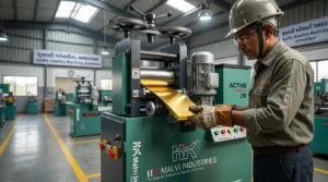 engineers operating gold rolling machine