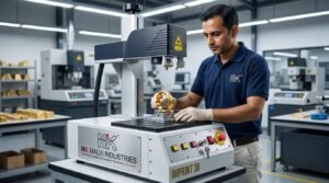 engineers placing gold bangle on machine