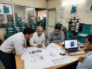 engineers team discussing with client