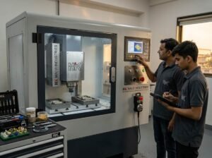 engineers inspecting machine