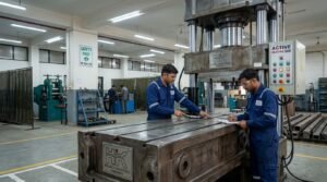 engineers inspecting minting press