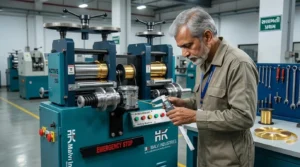 senior engineers inspecting gold machne