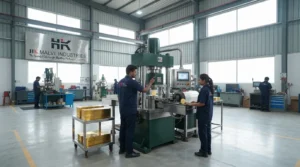 Hydraulic minting machine operated by engineers in an industrial manufacturing facility