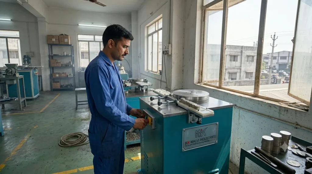 Engineer operating hydraulic coin rimming machine