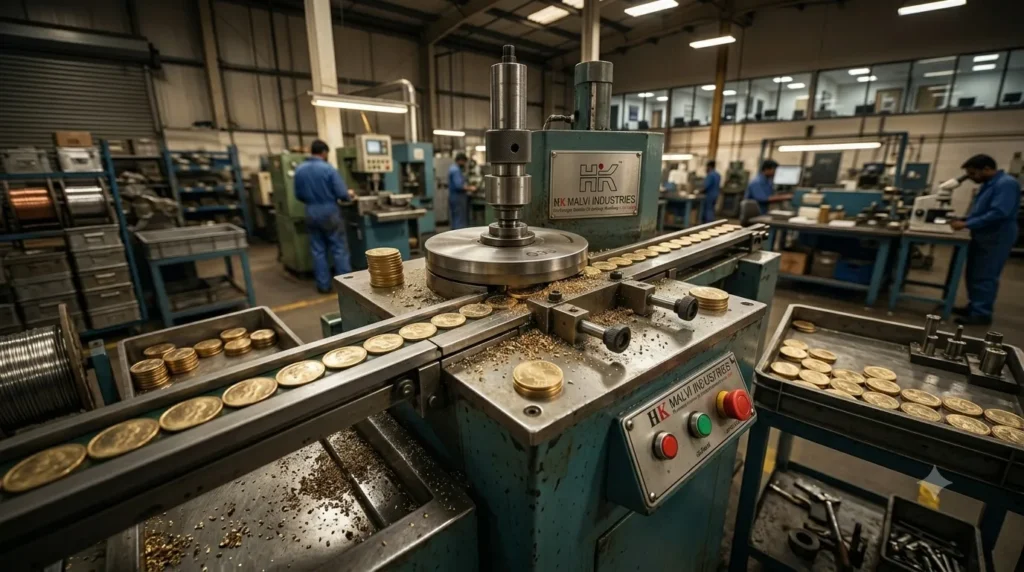 Gold coin blanks in rimming machine