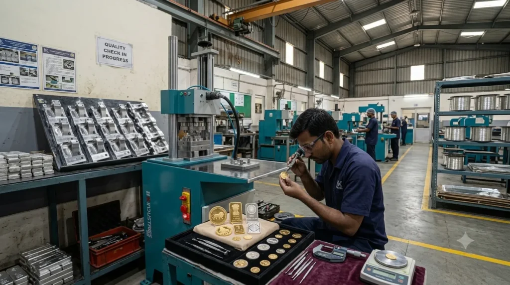 QC technician inspecting dot matrix metal marking